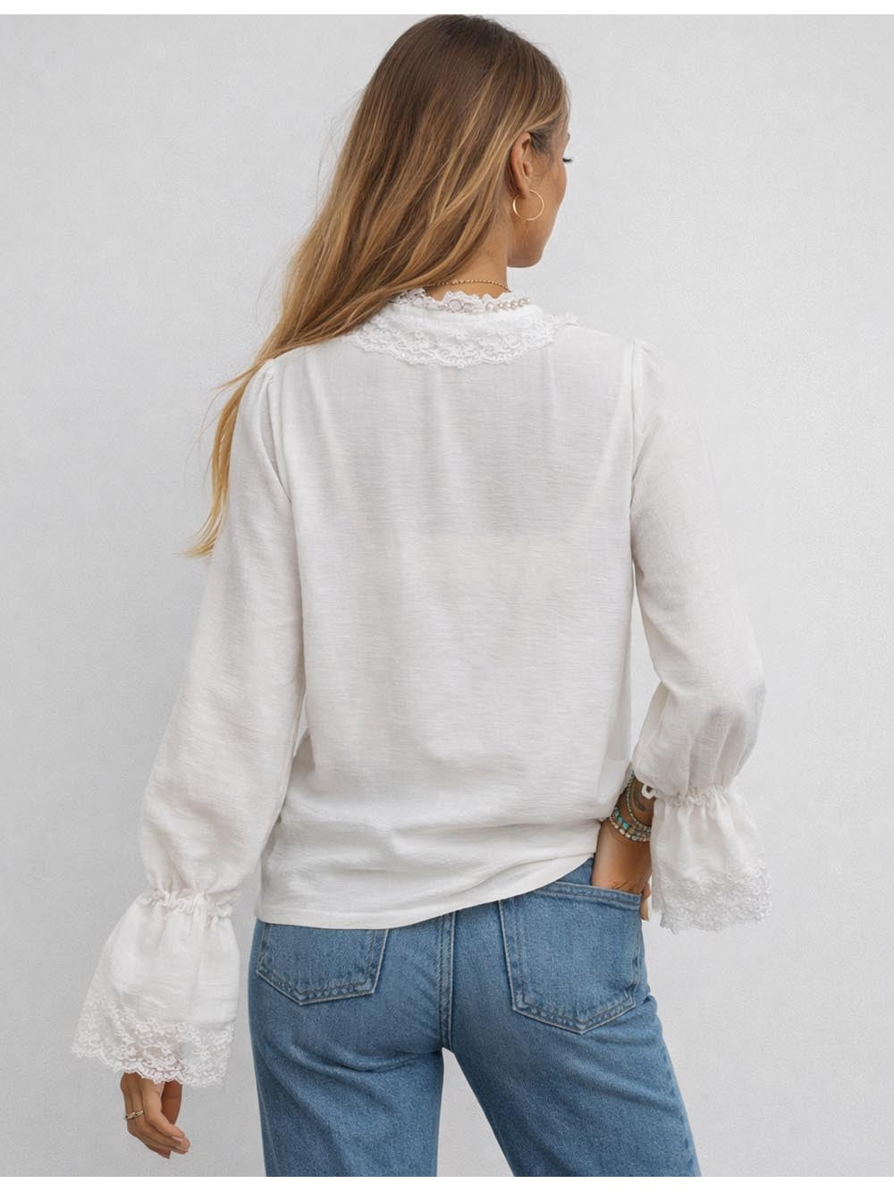 Chic Lace Stand Neck Button Front Flared Sleeves Blouse