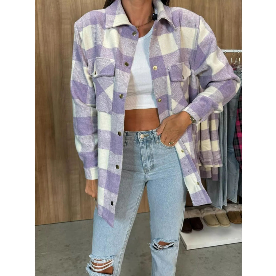 Classic Plaid Button Down Long Sleeve Shacket Jacket
