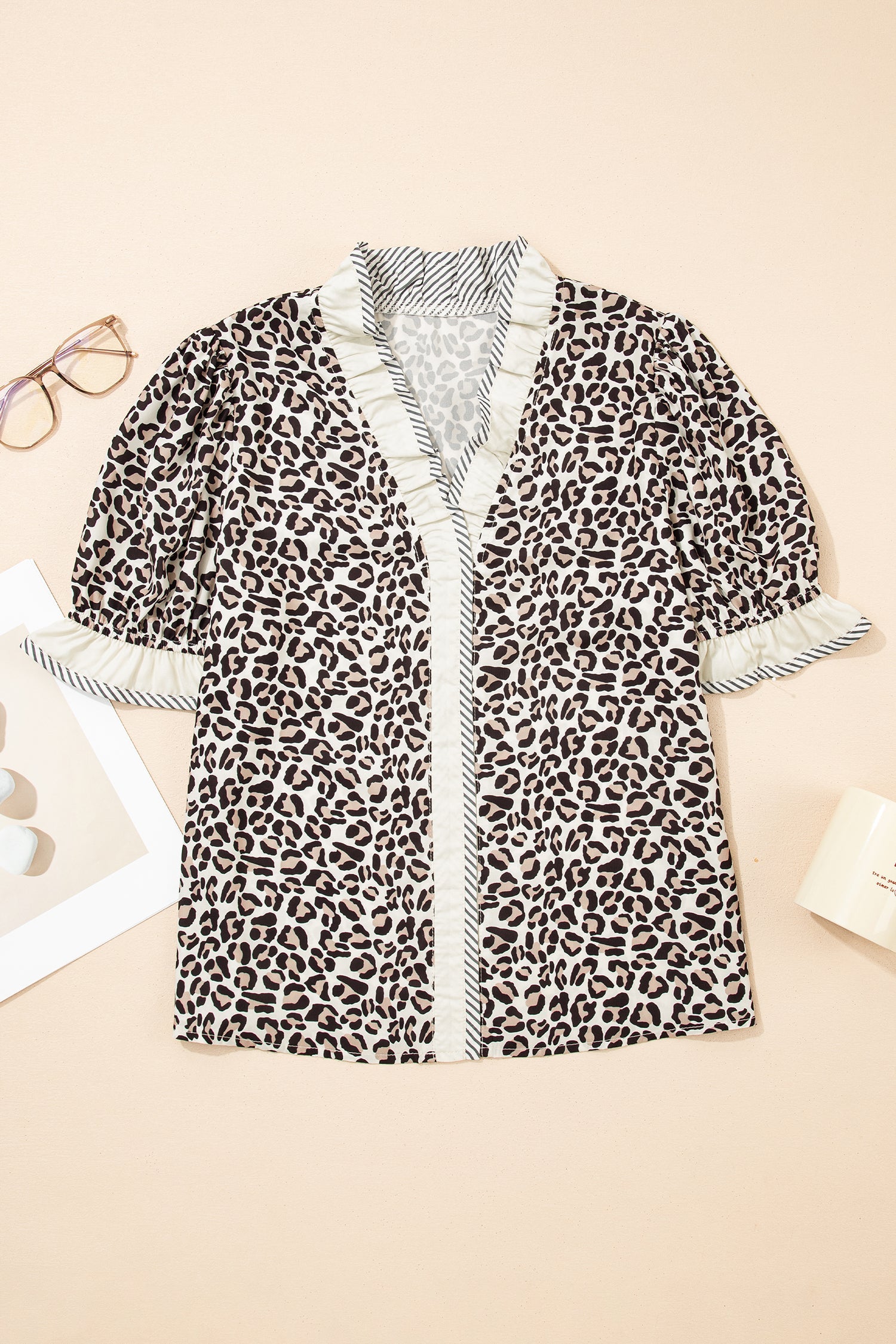 Black Leopard Print Striped Ruffled Color Block Trim V Neck Short Sleeve Blouse
