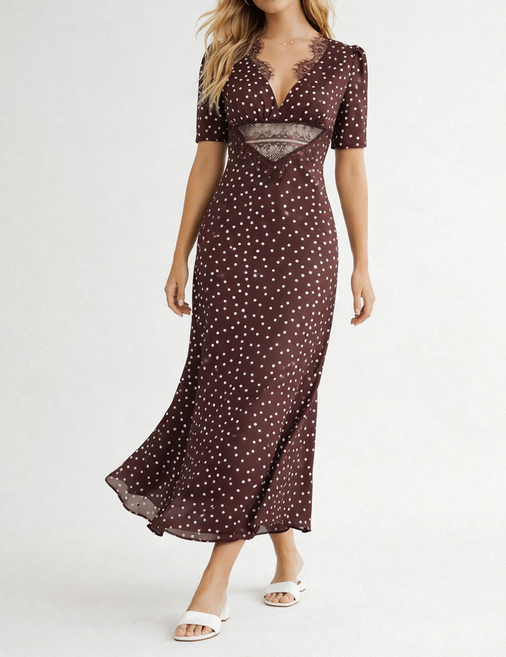 Chic Polka Dot Lace Trim V Neck Short Sleeves Maxi Dress