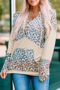 Leopard Patchwork Buttons Pocket Hooded Top