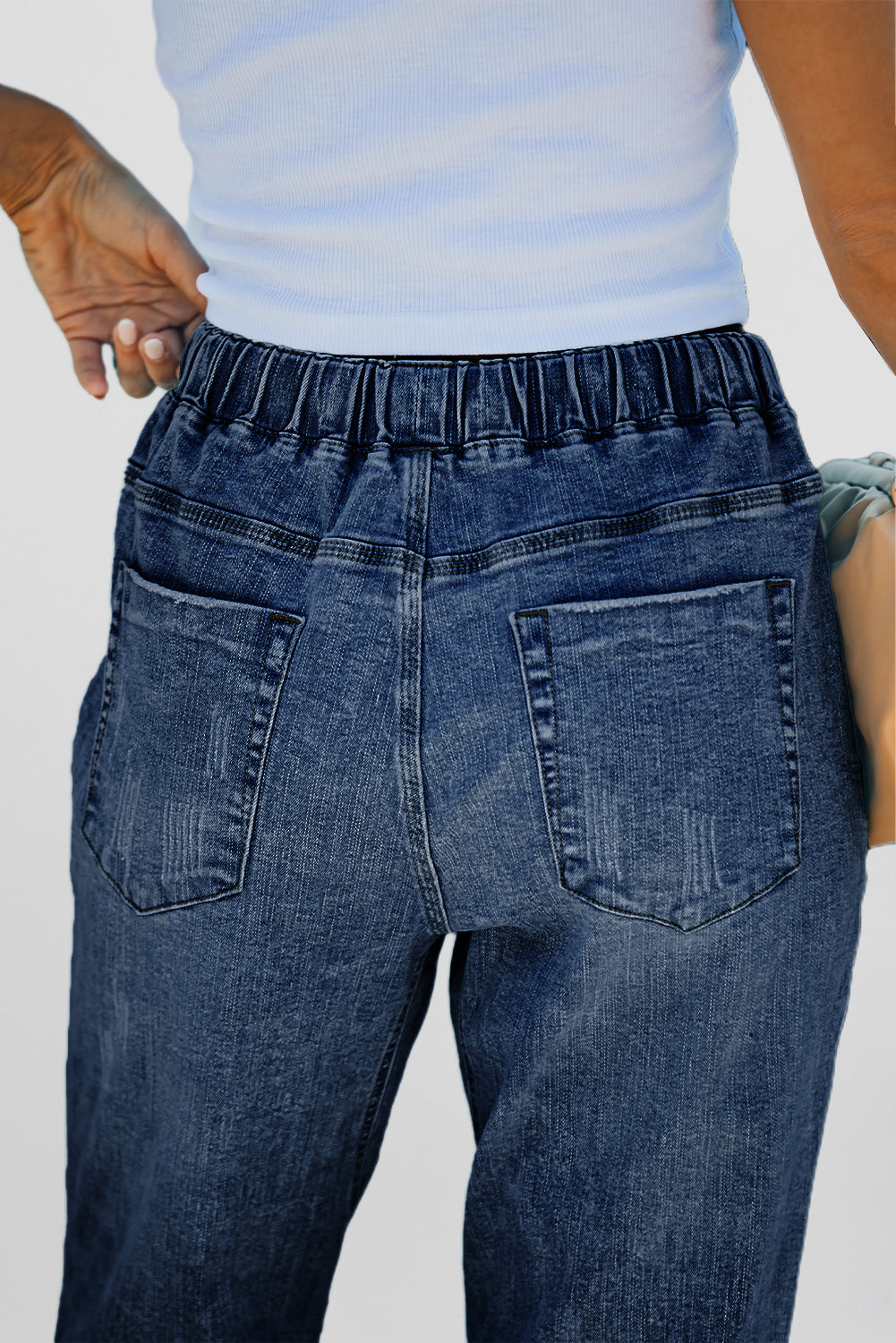 Pocketed Distressed Gather Round Jogger Jeans