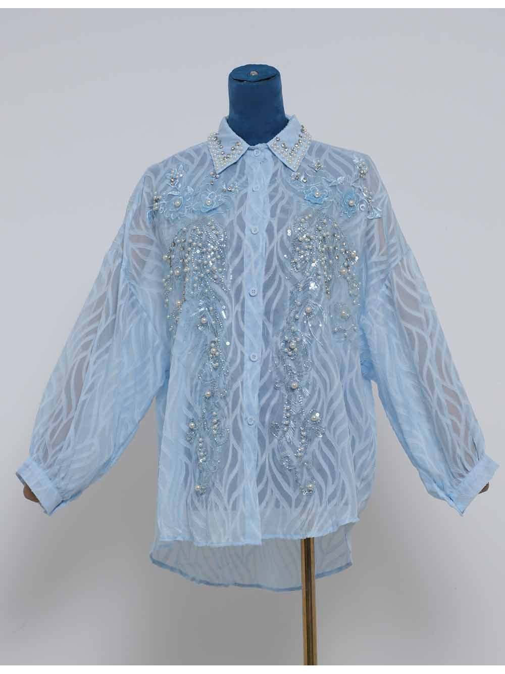 Chic Bead Shirt Collar Lantern Sleeves Jacquard Blouse