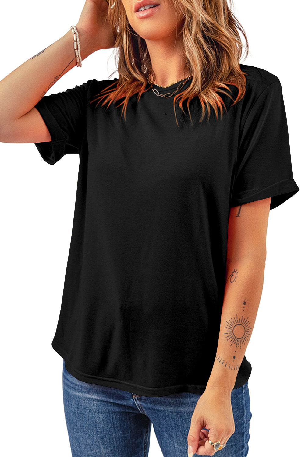 Black Casual Plain Crew Neck