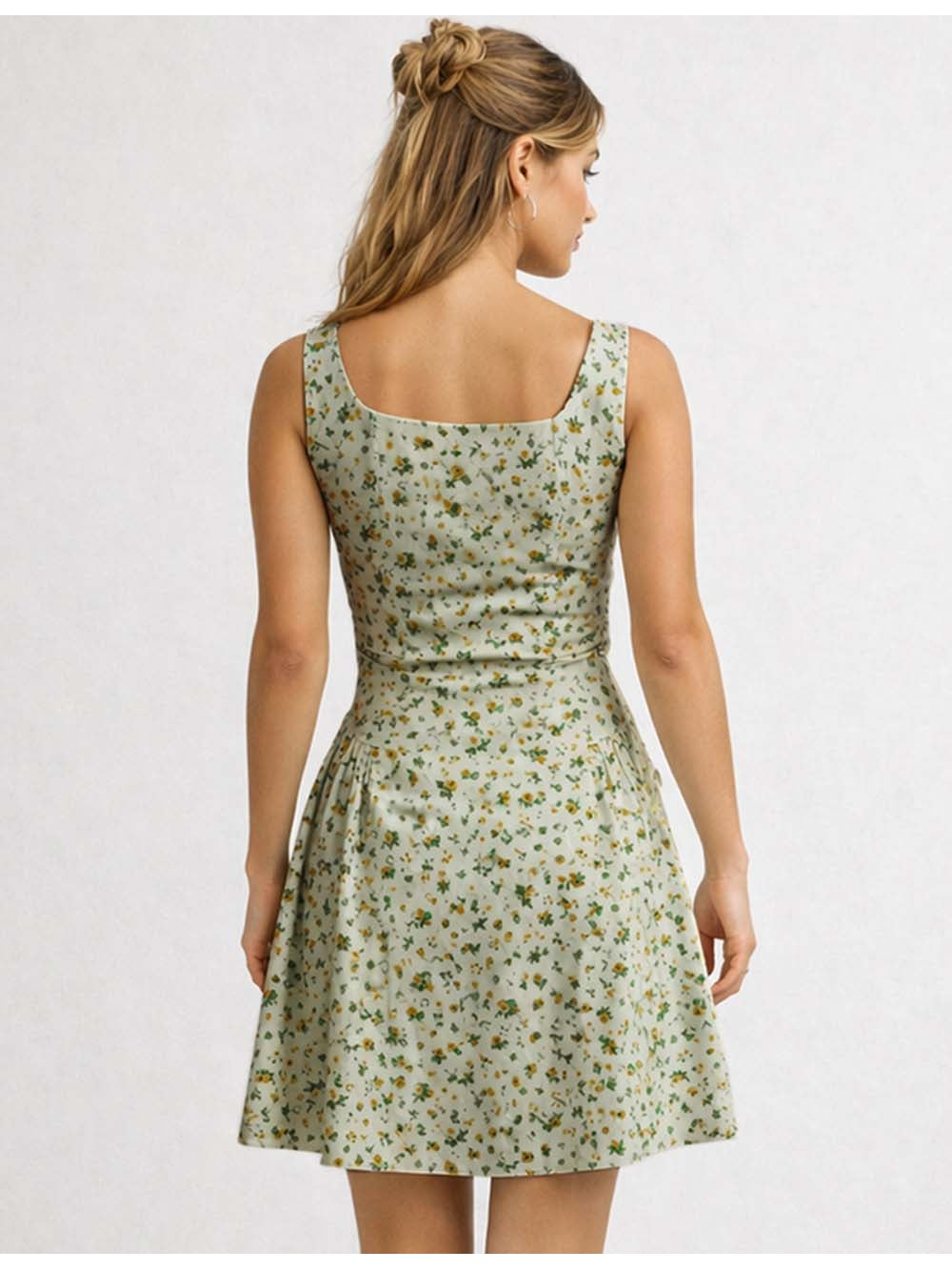 Romantic Square Neck Button Wide Strap Mini Dress