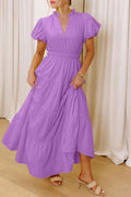 Lavendula Solid Color V Neck Short Puff Sleeve High