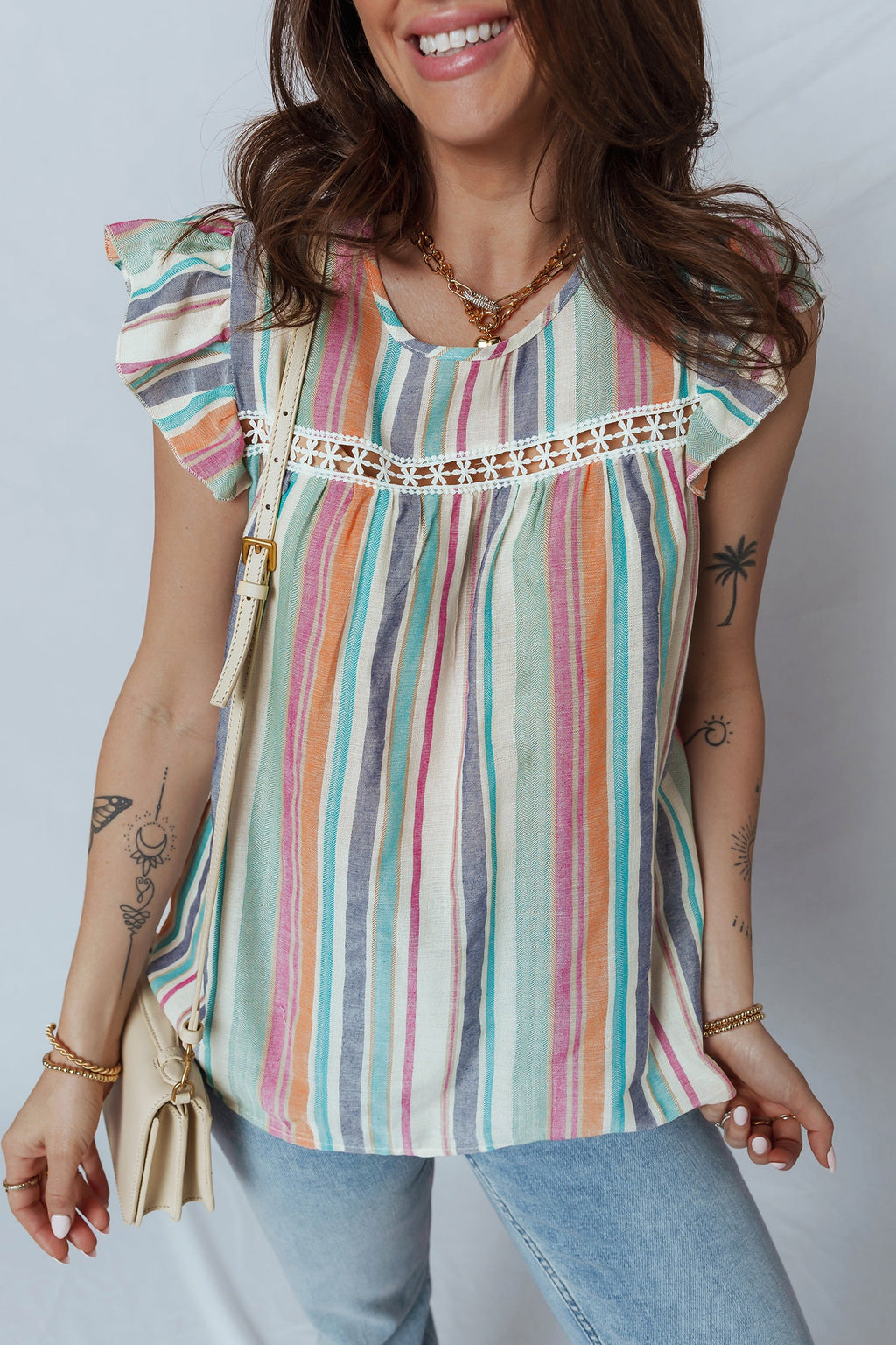 Light Blue Lace Hollow-Out Insert Flutter Sleeve Striped Blouse