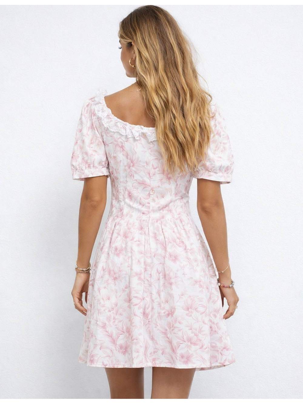Romantic Lace Trim Puff Sleeves Mini Dress
