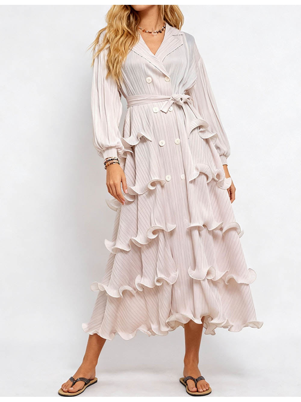 Pleated Ruffle Trim Lantern Sleeves Belted Maxi Dress