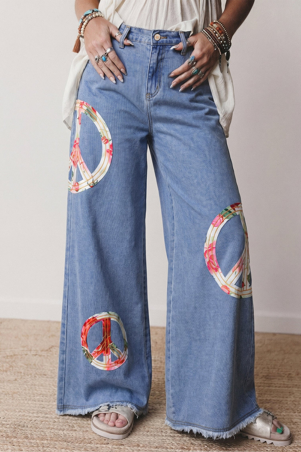 Wide Leg Embroidered Floral Myosotis Peace Jeans
