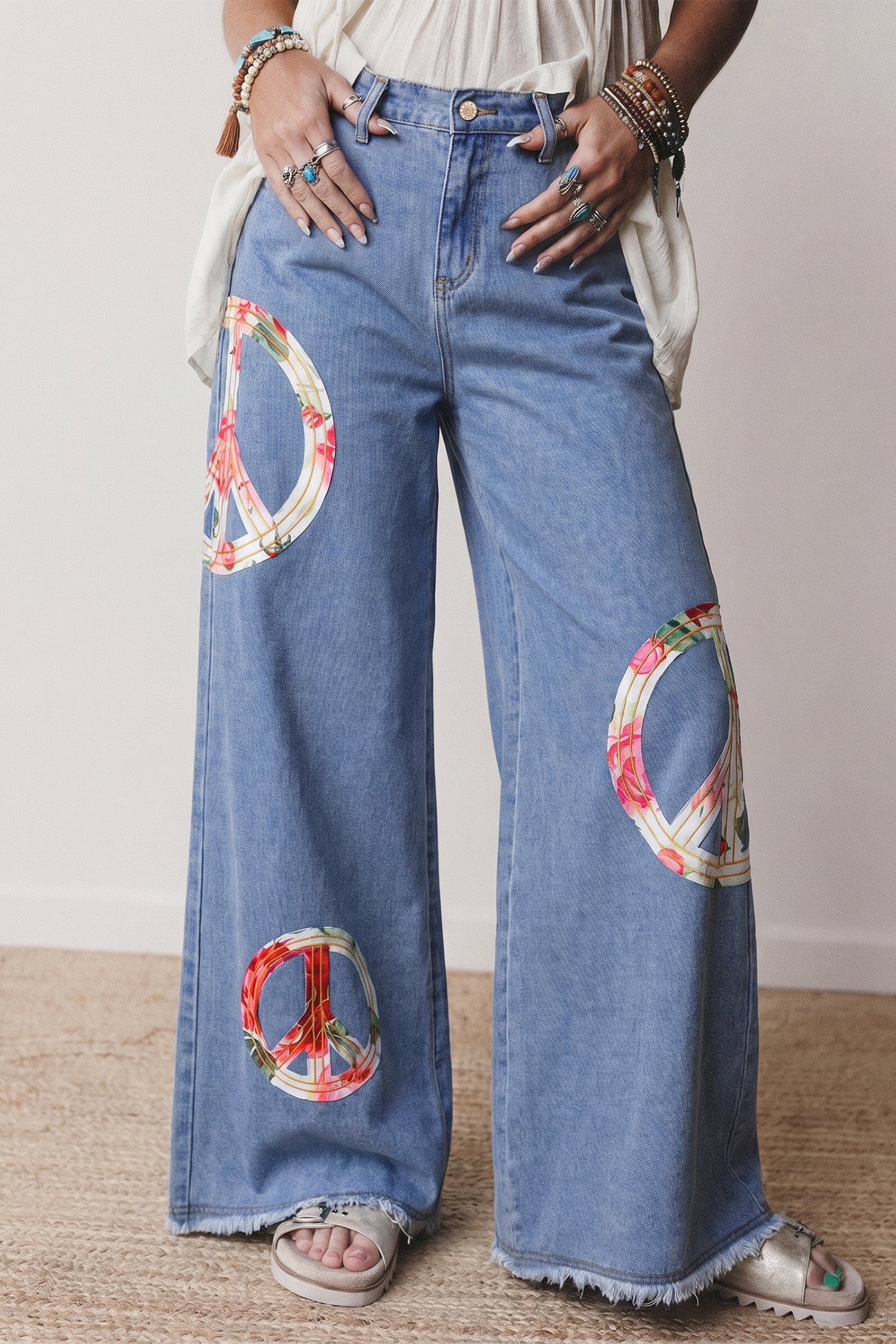 Wide Leg Embroidered Floral Myosotis Peace Jeans