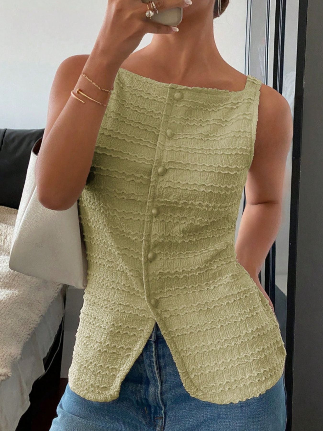 Textured Button Front Tank