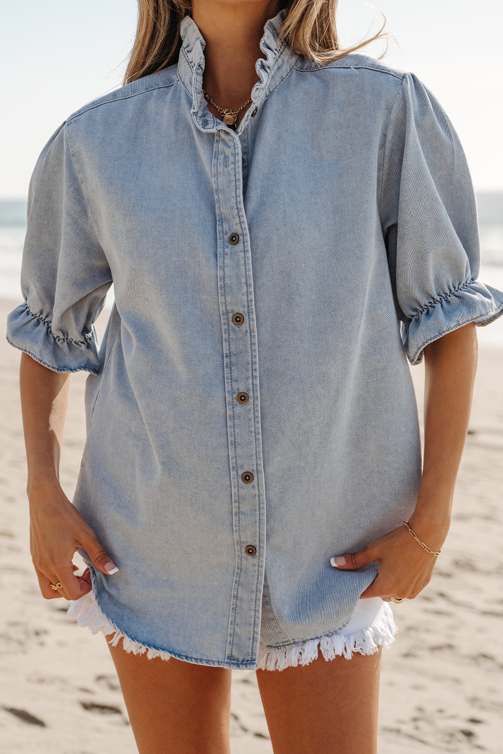 Blue Ruffle Short Puff Sleeve Summer Chambray Shirt