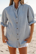 Blue Ruffle Short Puff Sleeve Summer Chambray Shirt