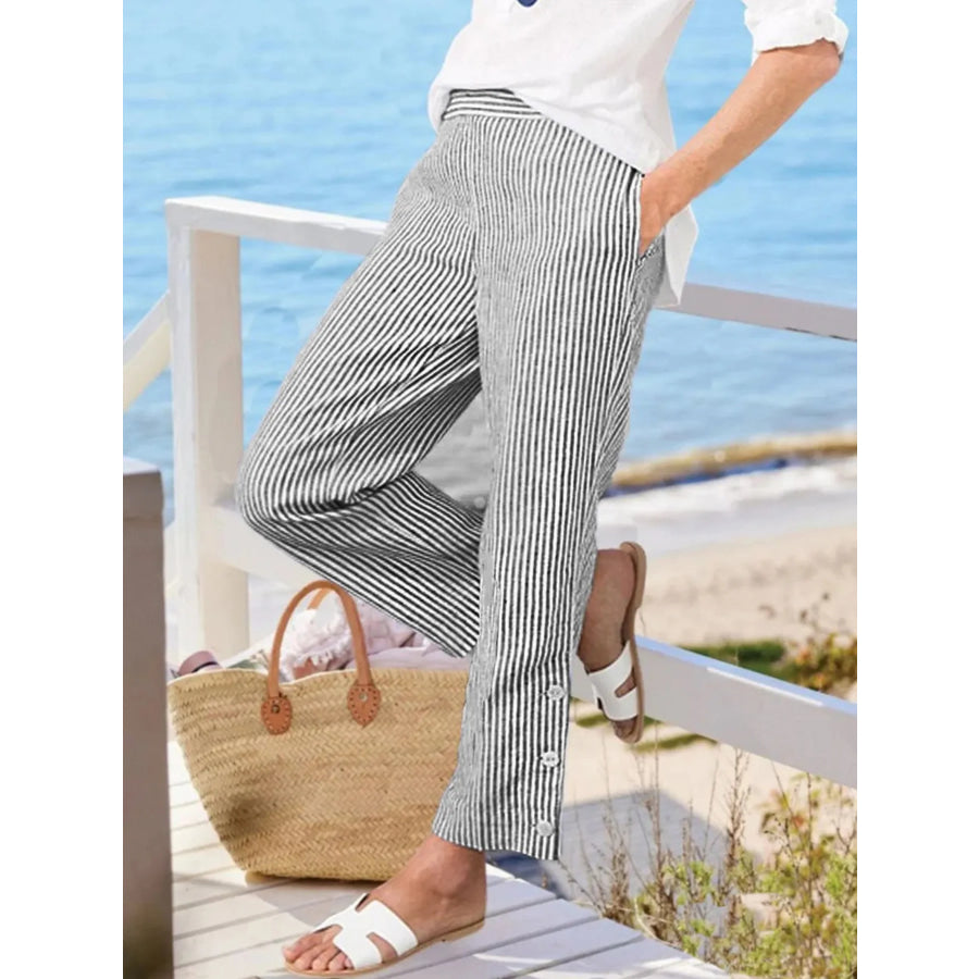 Full Size Striped Side Button Detail Pants Plus Size