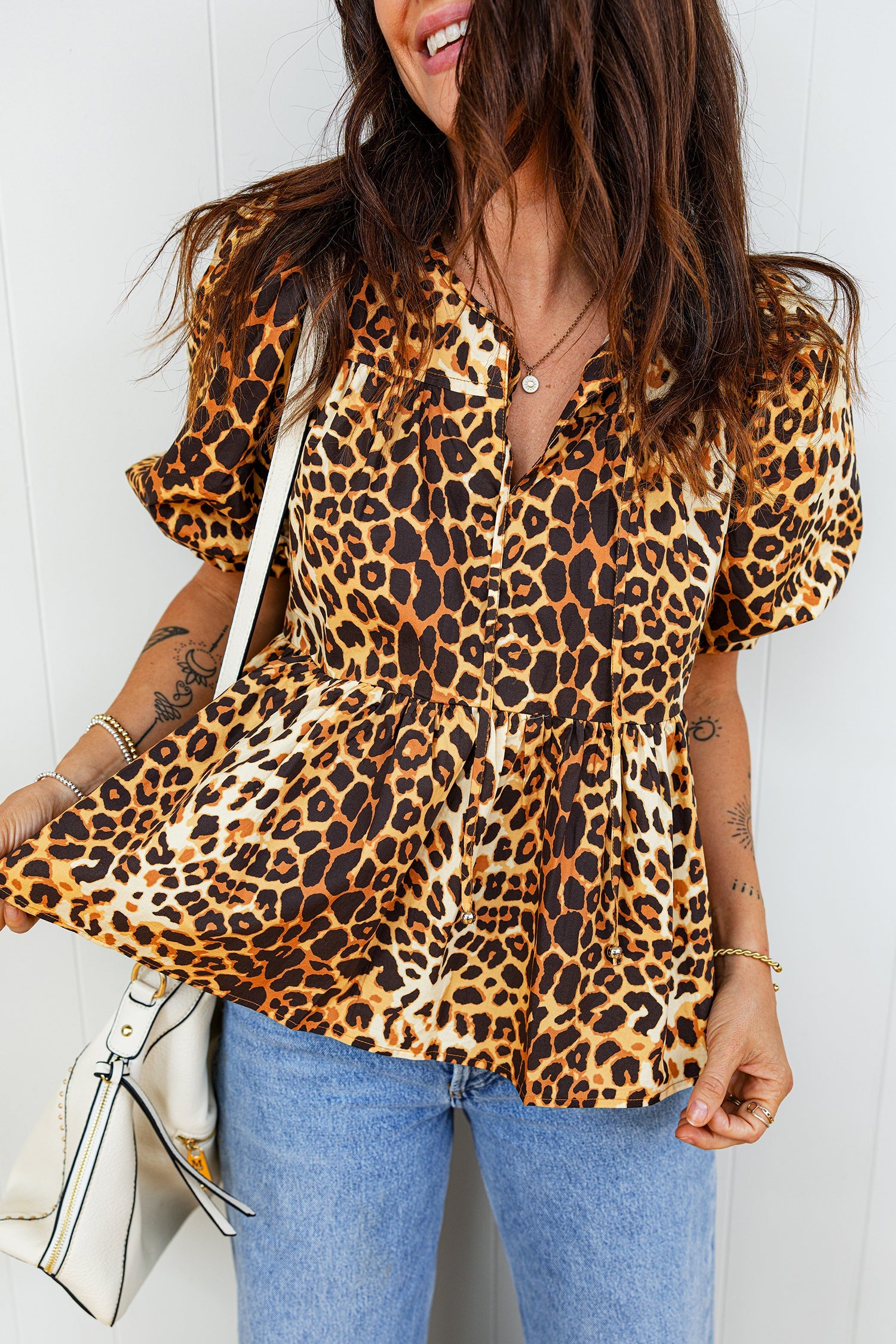 Leopard Print Short Puff Sleeve Slit Neck Babydoll Blouse