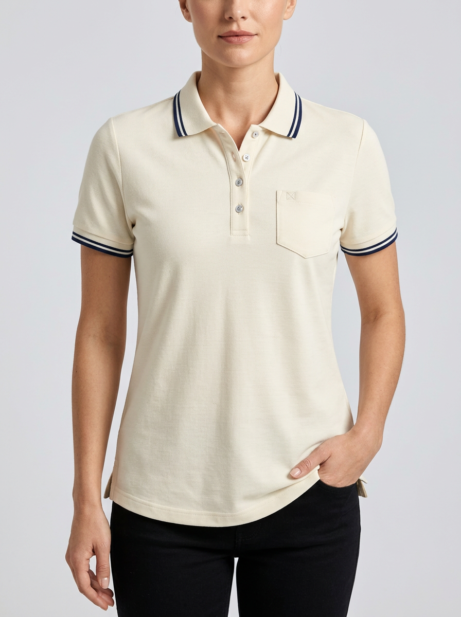 Women's Casual Cream Striped Trim Pocket Polo Shirt