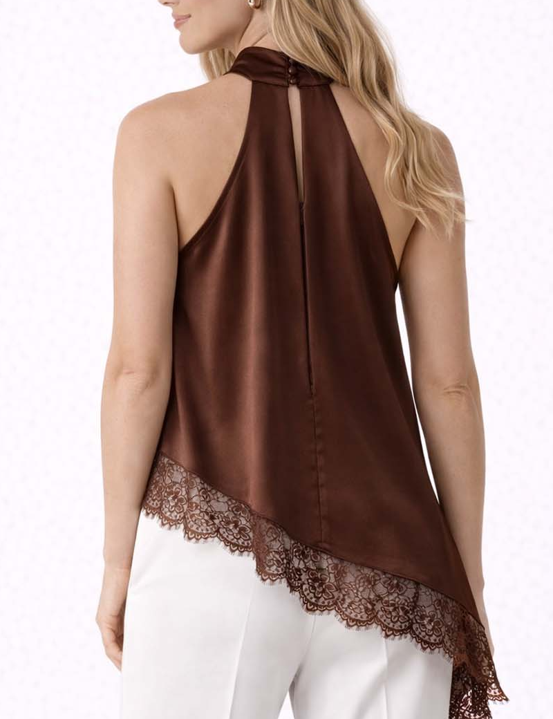 Satin Halter Neck Lace Irregular Hem Sleeveless Top