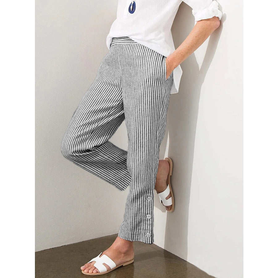 Full Size Striped Side Button Detail Pants Plus Size