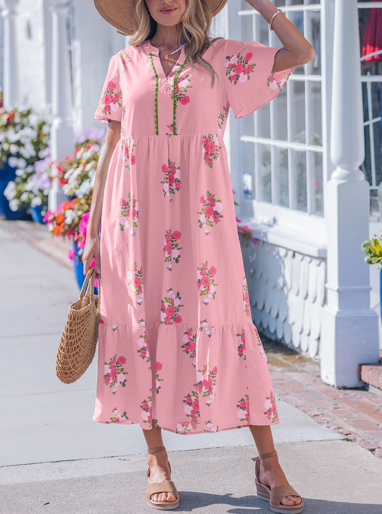 Notched Neck Flutter Short Sleeve Floral Print Maxi Dress