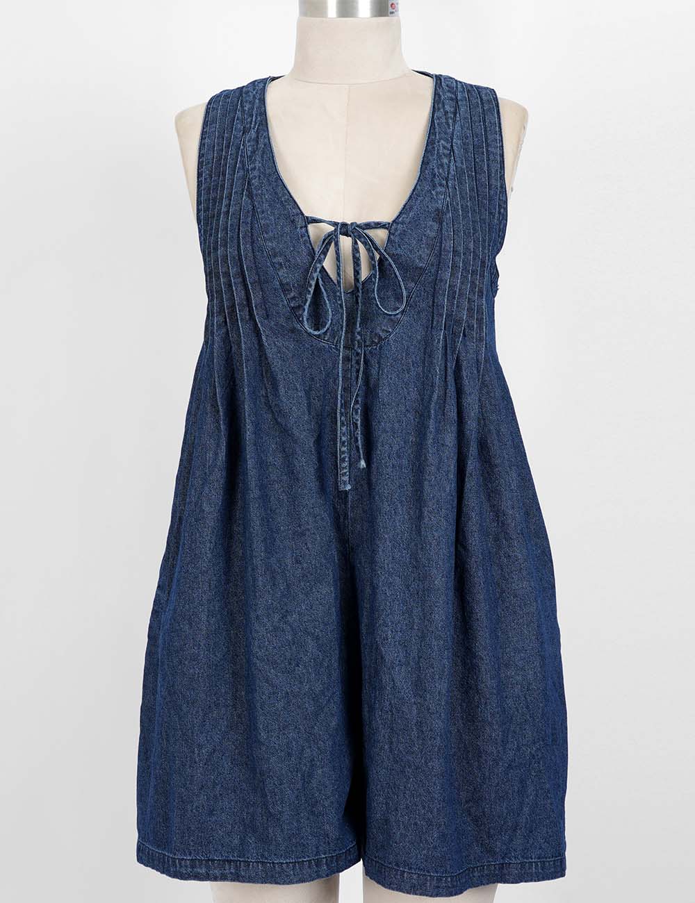 V Neck Front Pleated Sleeveless Denim Romper