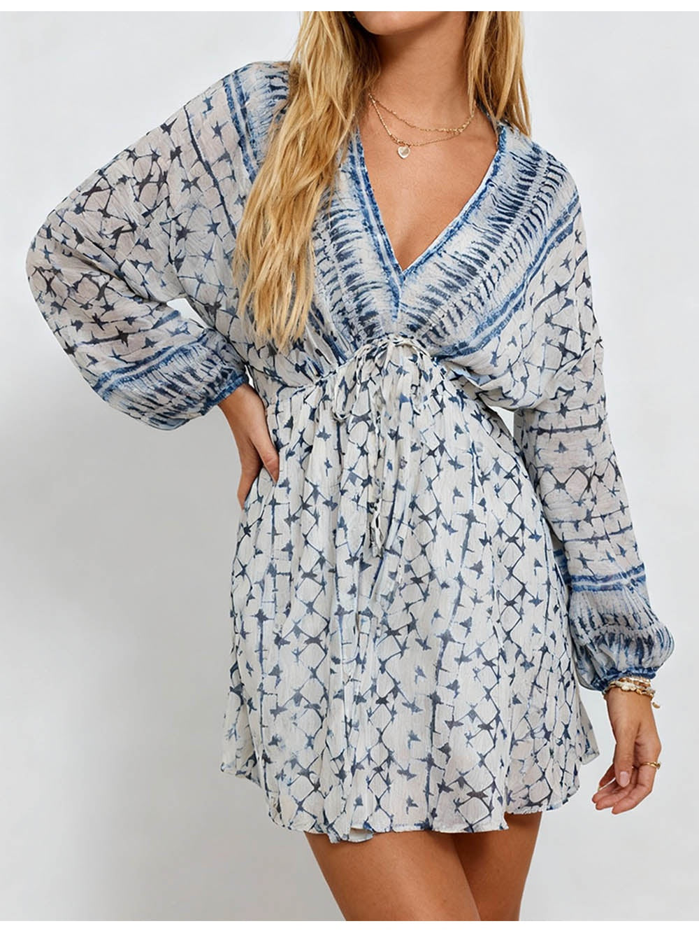 Metallic Thread V Neck Waist Mini Dress
