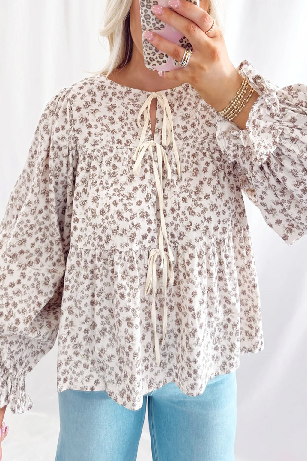 White Bow Tie Front Floral Print Flounce Sleeve Peplum Blouse
