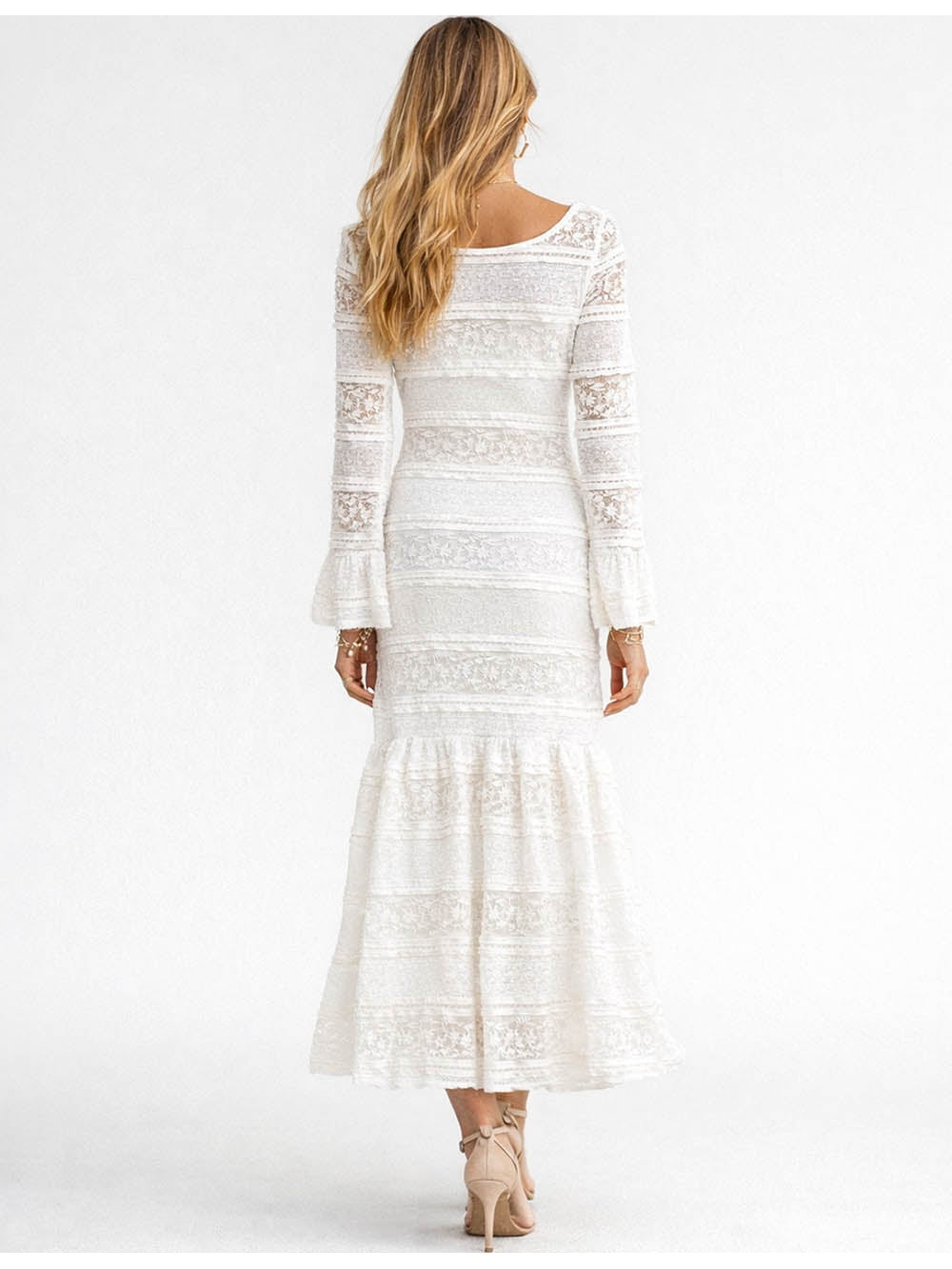 Lace Round Neck Flared Sleeves Bodycon Maxi Dress