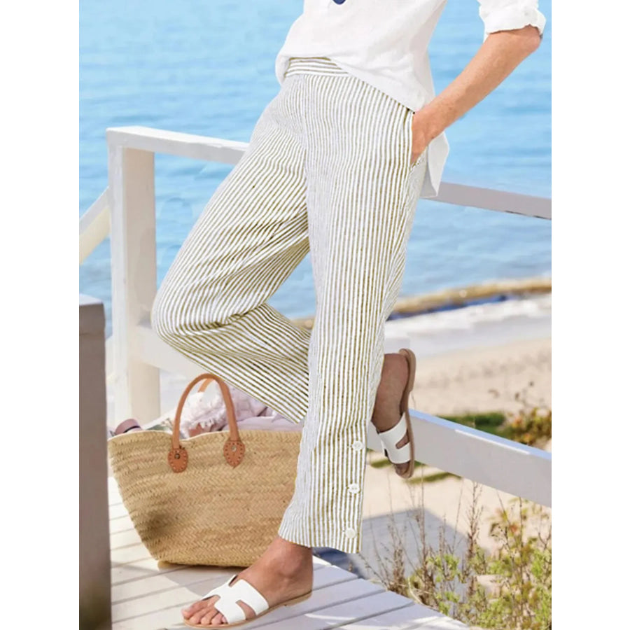 Full Size Striped Side Button Detail Pants Plus Size