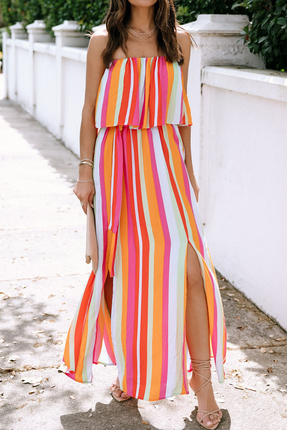 Stripe Overlay Strapless Maxi Dress With Slits