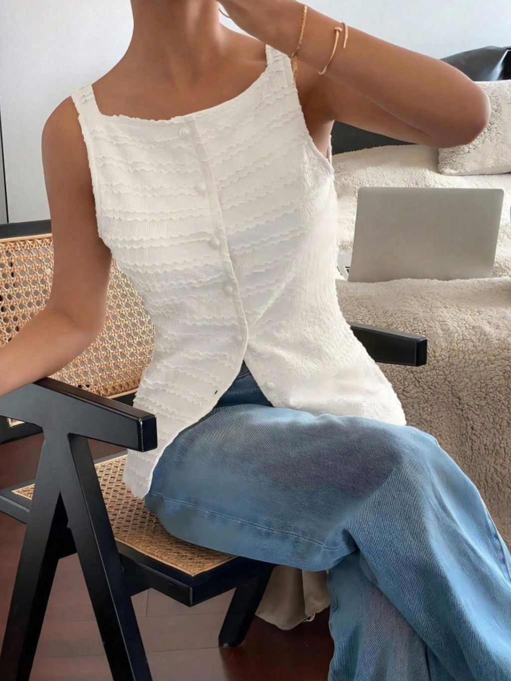 Textured Button Front Tank