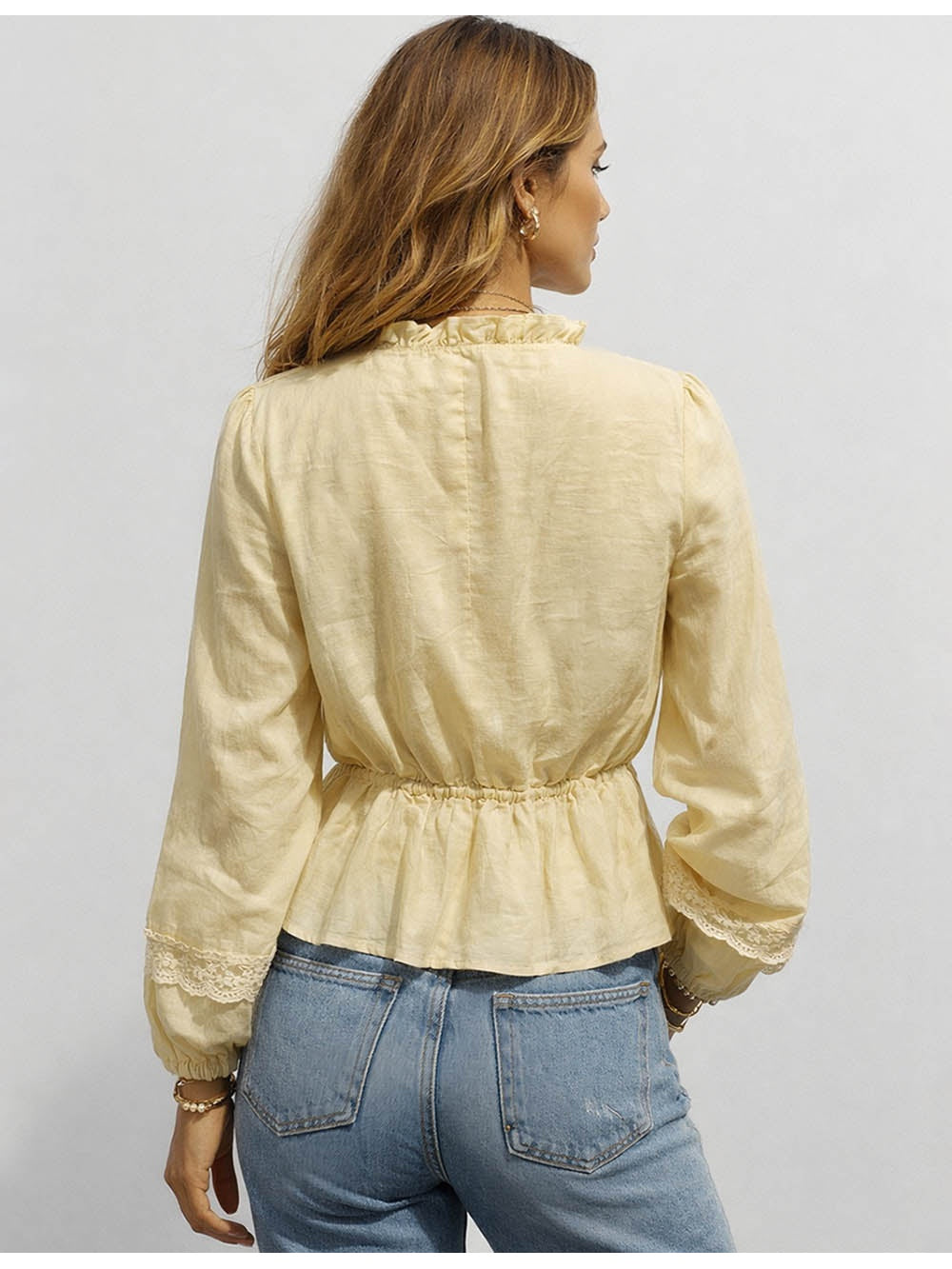 Lace Embroidery Panel Ruffle V Neck Long Sleeve Blouse