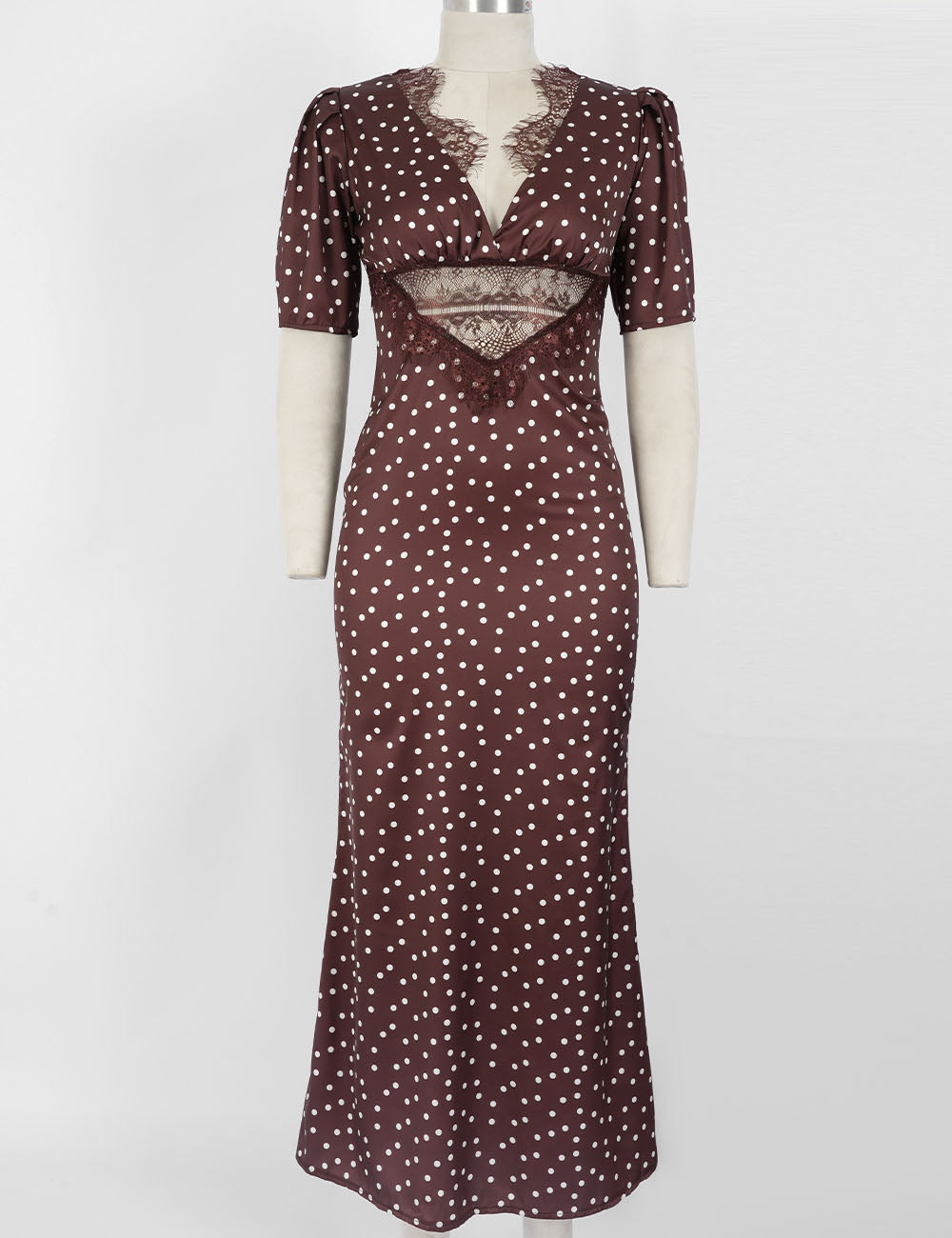 Chic Polka Dot Lace Trim V Neck Short Sleeves Maxi Dress