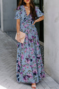 Sky Fiery Floral Print Frilled V Neck Short Sleeve