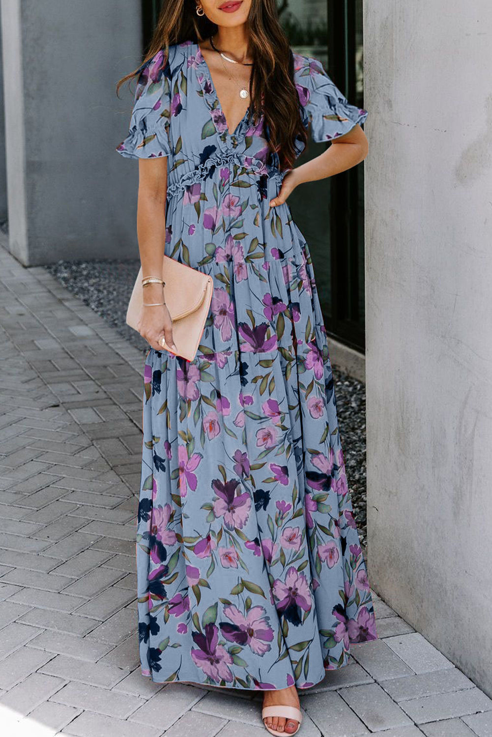 Sky Fiery Floral Print Frilled V Neck Short Sleeve