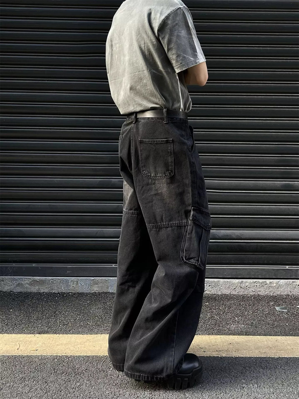 Men's Plus Size Vintage Wash Wide Leg Cargo Jeans