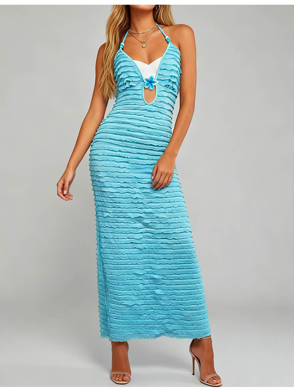 Halter Deep V Cutout Side Split Ruffle Maxi Dress