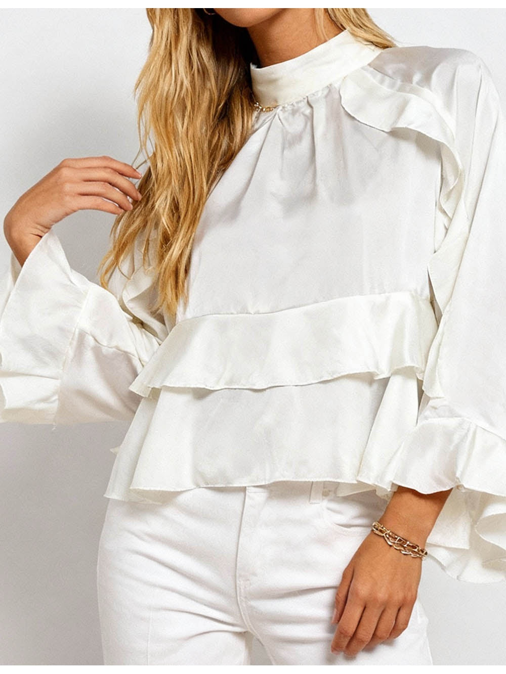 Chic Ruffle Stand Neck Long Sleeves Blouse