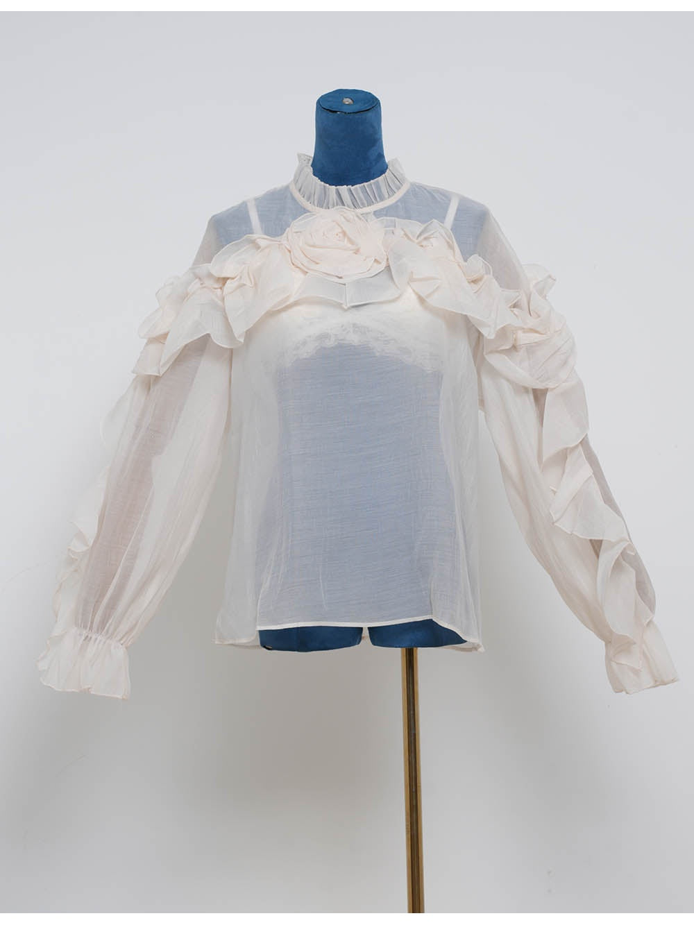 Chic D Irregular Ruffle Sheer Stand Neck Blouse