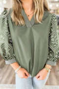 Grass Green Floral Puff Sleeve Contrast V Neck Patchwork Blouse