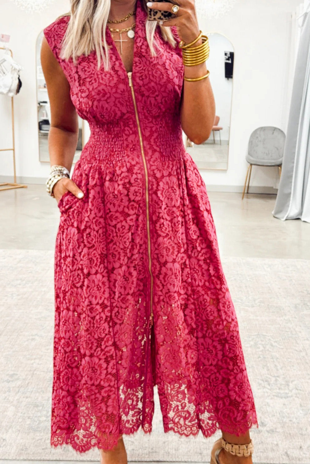 Maxi Coral Floral Lace Overlay Zip Up V Neck