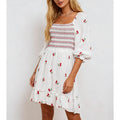 Cherry Embroidery Square Neck Puff Sleeves Mini Dress