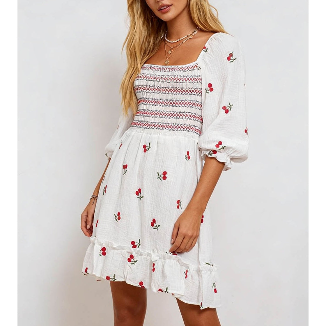 Cherry Embroidery Square Neck Puff Sleeves Mini Dress