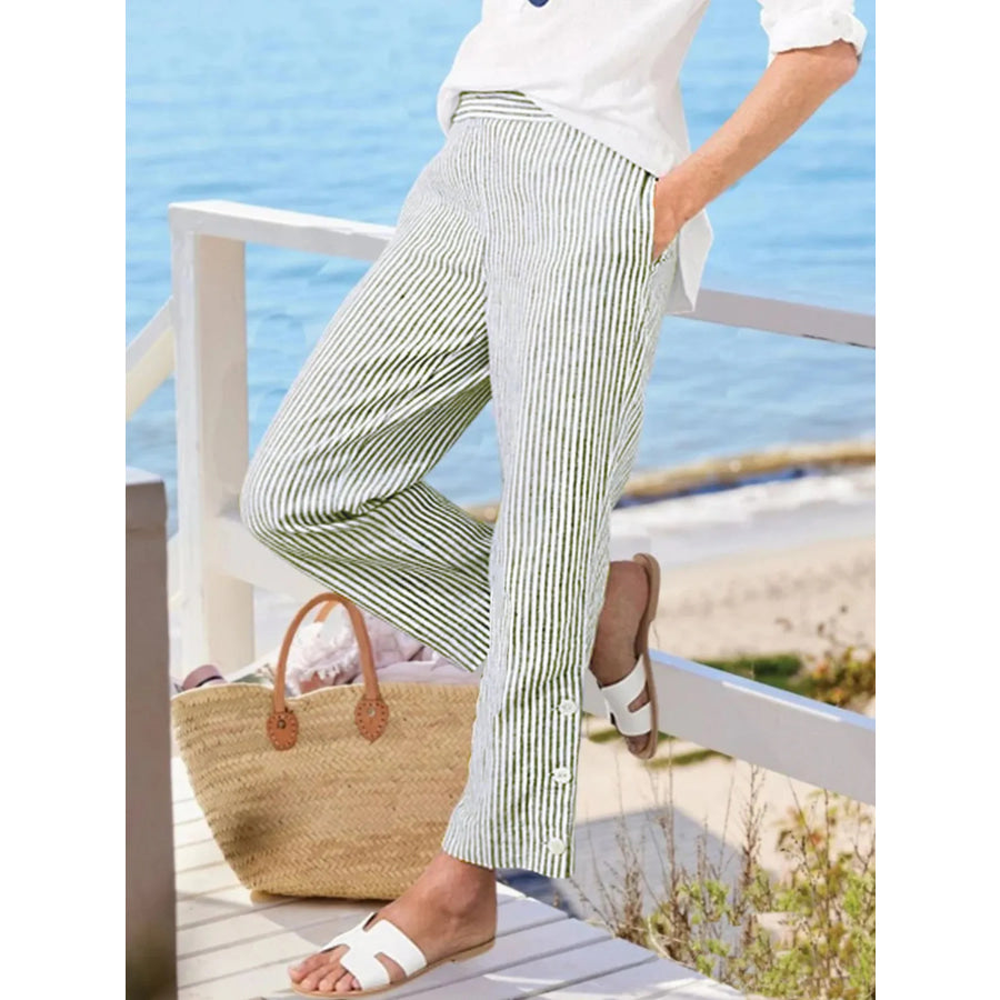 Full Size Striped Side Button Detail Pants Plus Size
