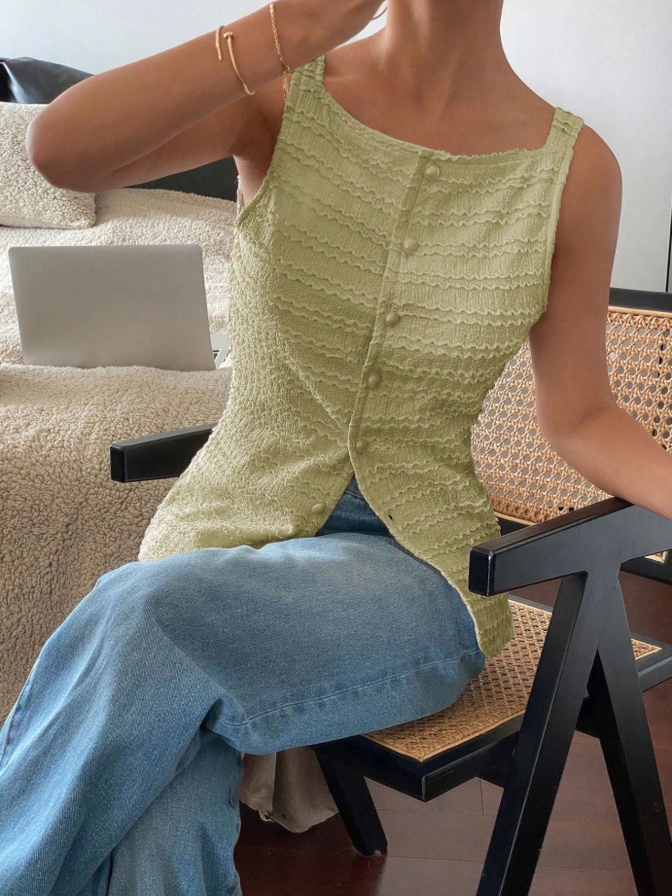 Textured Button Front Tank