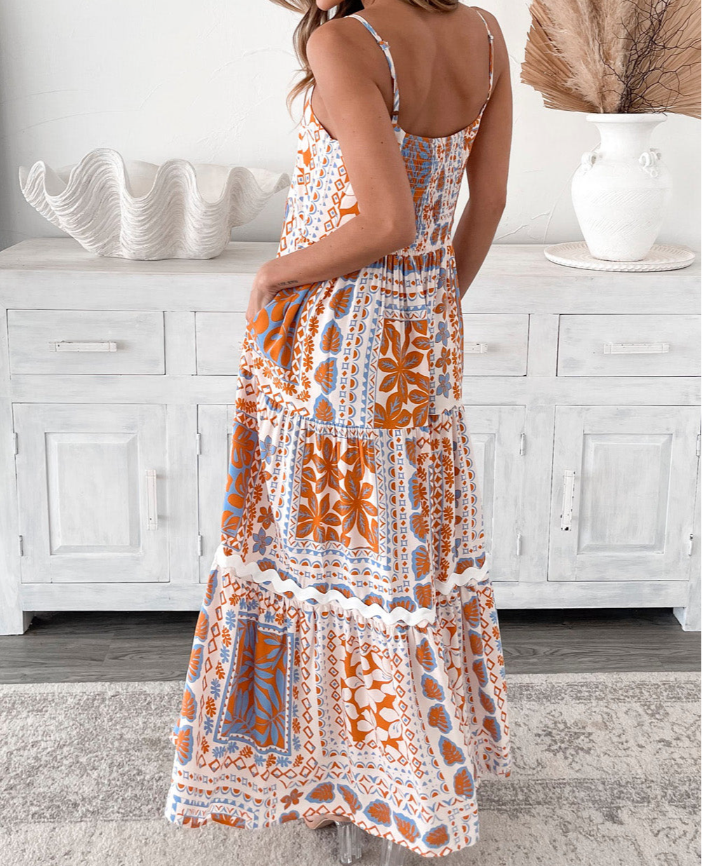 Multi Printed Ricrac Trim Spaghetti Straps Maxi Dress
