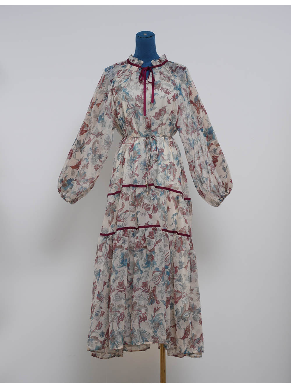 Boho Ruffle Neck Lantern Sleeves Midi Dress