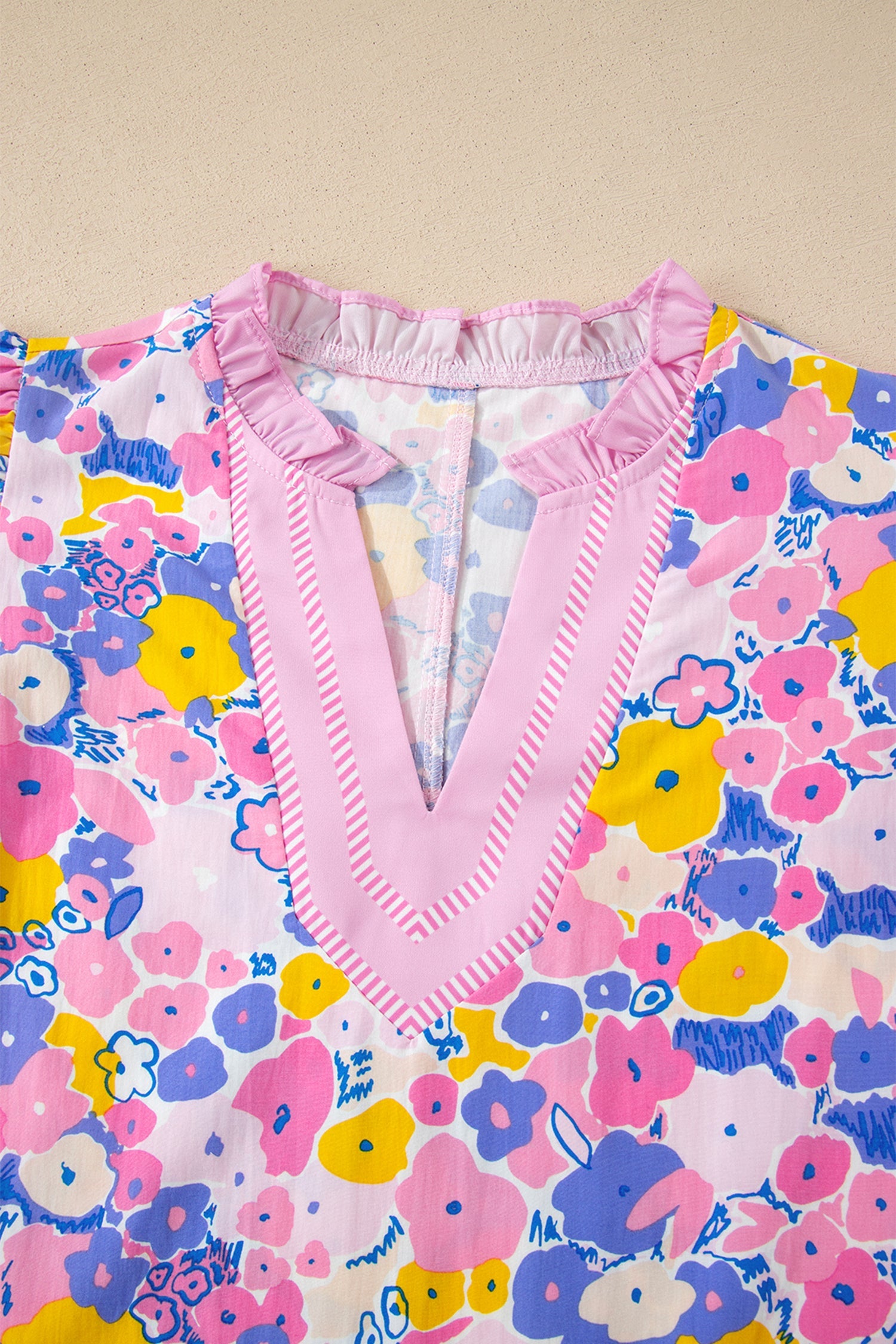 Pink Playful Floral Print Striped Color Block Patchwork V Neck Flutter Sleeve Blouse