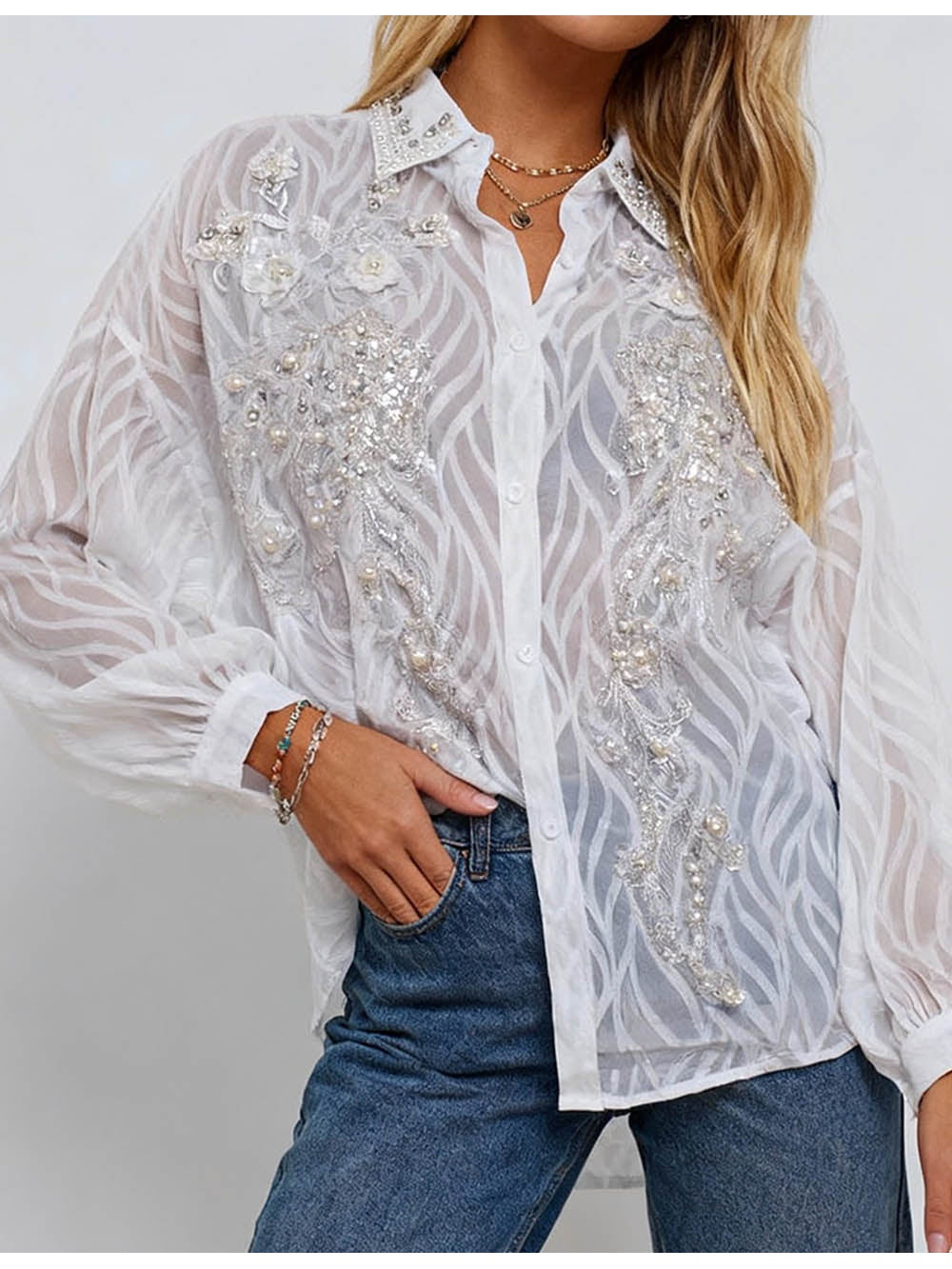 Chic Bead Shirt Collar Lantern Sleeves Jacquard Blouse