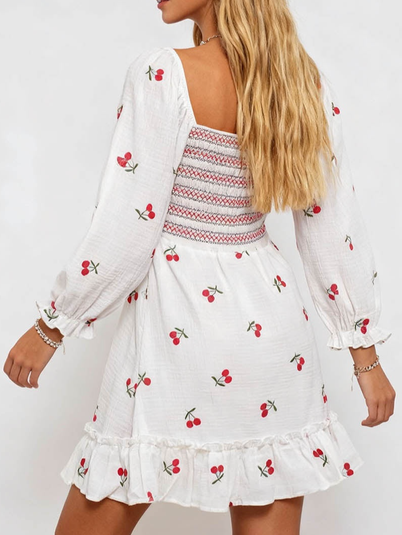 Cherry Embroidery Square Neck Puff Sleeves Mini Dress
